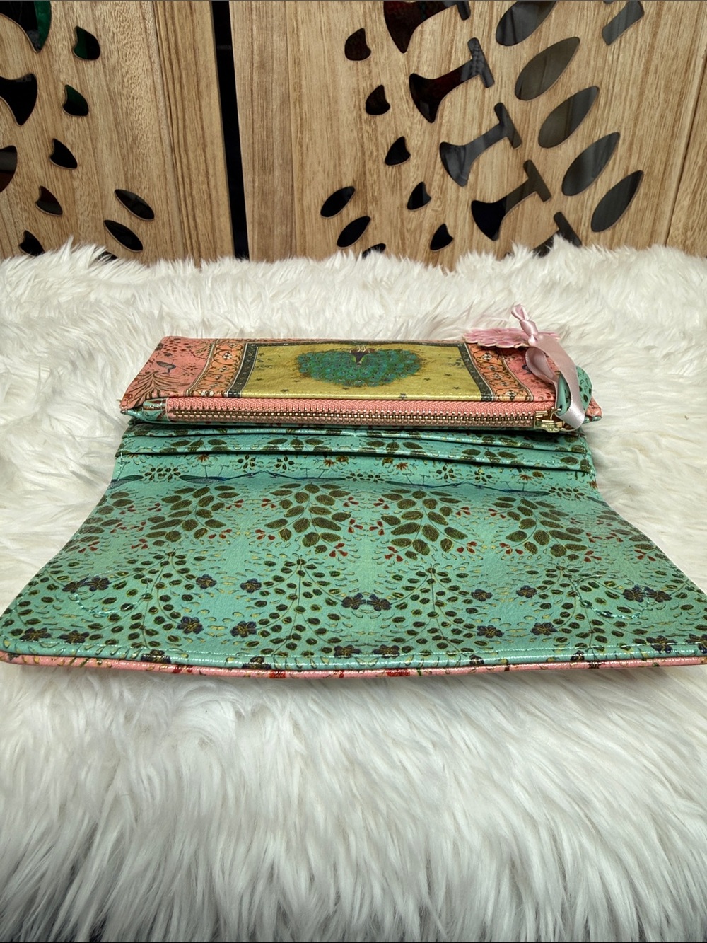 Papaya Pink & Gold Hand-Painted Peacock Wristlet - Picture 3 of 9